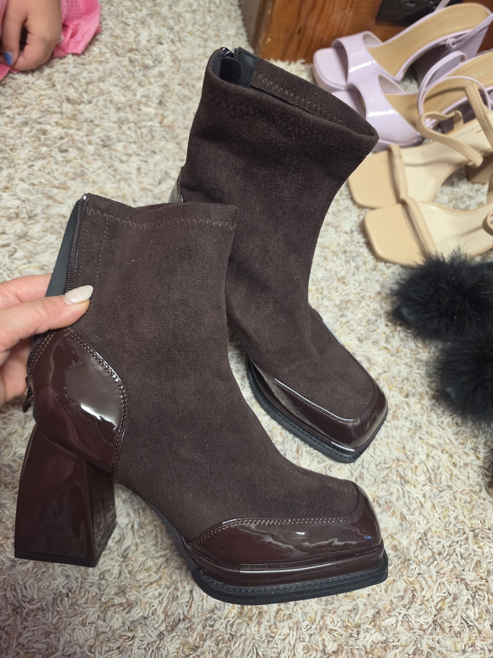 Women’s Brown Suede Ankle Booties with Patent Trim
